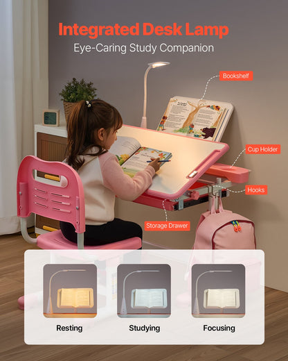Barnstol och skrivbordsset, skrivbord och stol för barn med bordslampa, justerbar höjd och 0-40° lutande skrivbordsbord och stol, barnstudiebord för sovrum och studierum, rosa