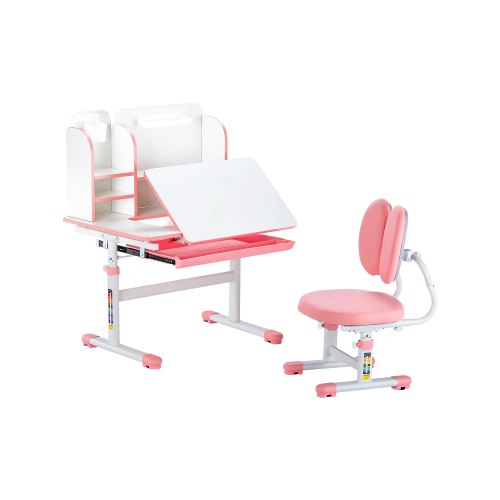 Barnstol och skrivbordsset, skrivbord och stol för barn med bokhylla och förvaringslåda, justerbar höjd och 0-40° lutande skrivbord och stol, studiebord för sovrum och studierum, rosa
