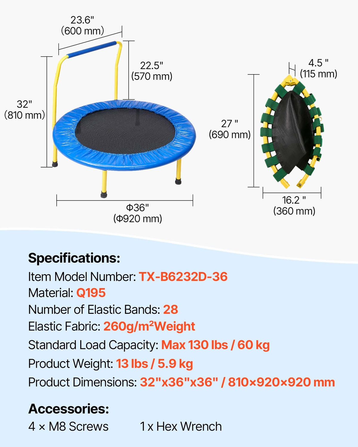 91,4 cm studsmatta för barn, 91,4 cm studsmatta för inomhus-/utomhusbruk för småbarn, hopfällbar mini-babystudsmatta med skumhandtag, rekreationsstudsmatta som födelsedagspresent för barn från 3 år