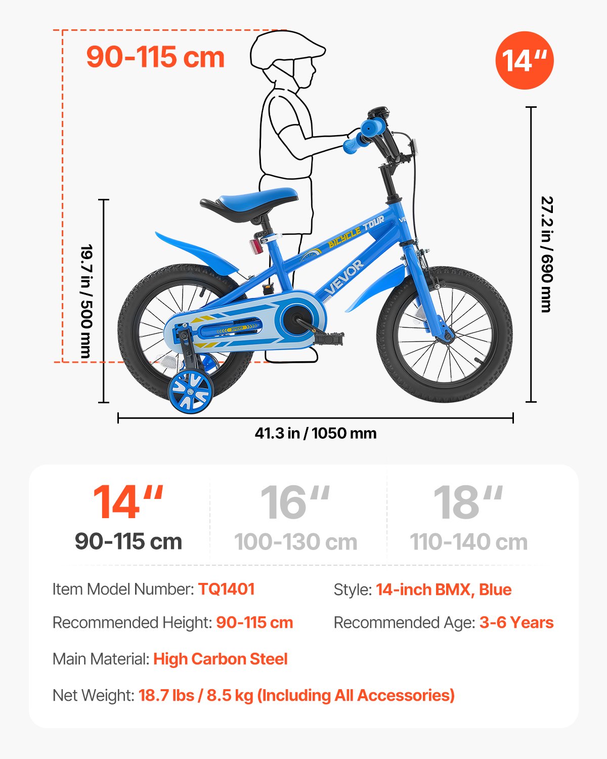 Barncykel, 35,56 cm BMX-modell, Cykelhöjd 90 cm - 115 cm, Stödhjul ingår, Robust och enkel att montera, Småbarnscykel för pojkar och flickor som lär sig cykla, Blå