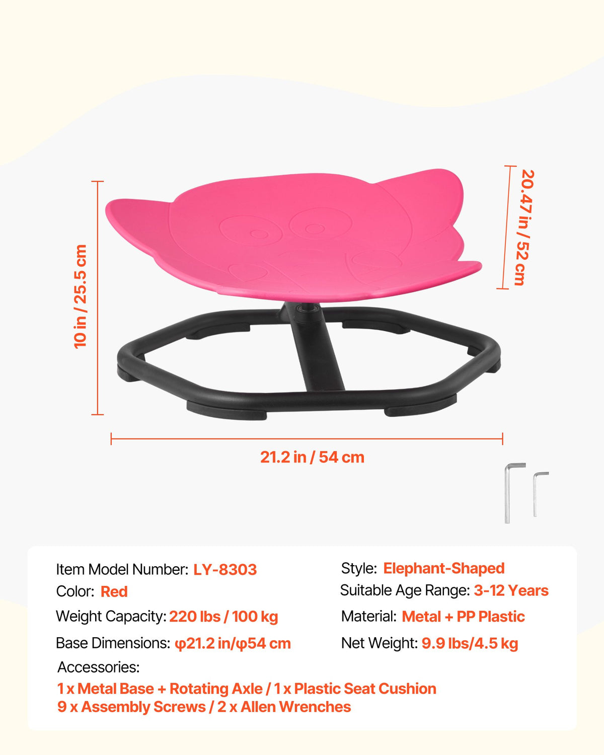 Kids Swivel Chair, 220 lbs Capacity, Elephant Shape Sensory Spinning Chair, Autistic Kids Sensory Toy Seat with Non-Slip Metal Base, Toddler Sit & Spin Seat for Coordination Balance Focus, Red