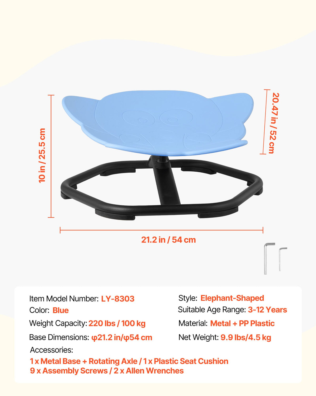 Kids Swivel Chair, 220 lbs Capacity, Elephant Shape Sensory Spinning Chair, Autistic Kids Sensory Toy Seat with Non-Slip Metal Base, Toddler Sit & Spin Seat for Coordination Balance Focus, Blue