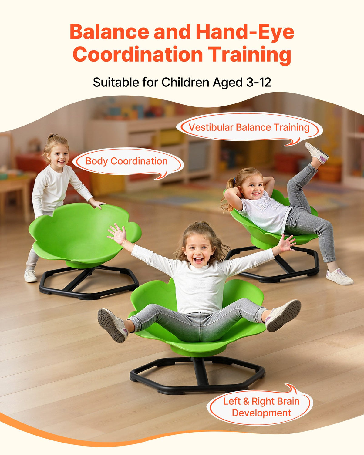 Kids Swivel Chair, 220 lbs Capacity, Cylinder Shape Sensory Spinning Chair, Autistic Kids Sensory Toy Seat with Non-Slip Metal Base, Toddler Sit & Spin Seat for Coordination Balance Focus, Green