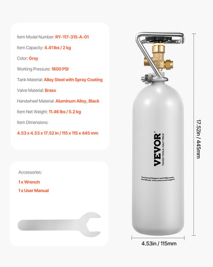 CO2-tank, 1,8 kg ny cylinder i legerat stål, CO2-lufttank med grå spraybeläggning, DIN477-ventil, handtag och justerbart tryck, TÜV-godkänd gascylinder för fatölsutmatning och läskmaskin