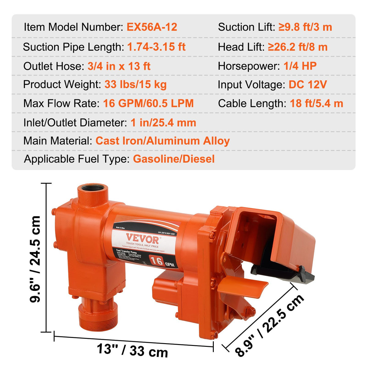 Bränsleöverföringspump, 12V DC 16 GPM 1/4 hk, bensinutsugspump med automatiskt munstycke, utloppsslang och sugrör för bensin, diesel, fotogen, etanol- och metanolblandningar samt biodiesel