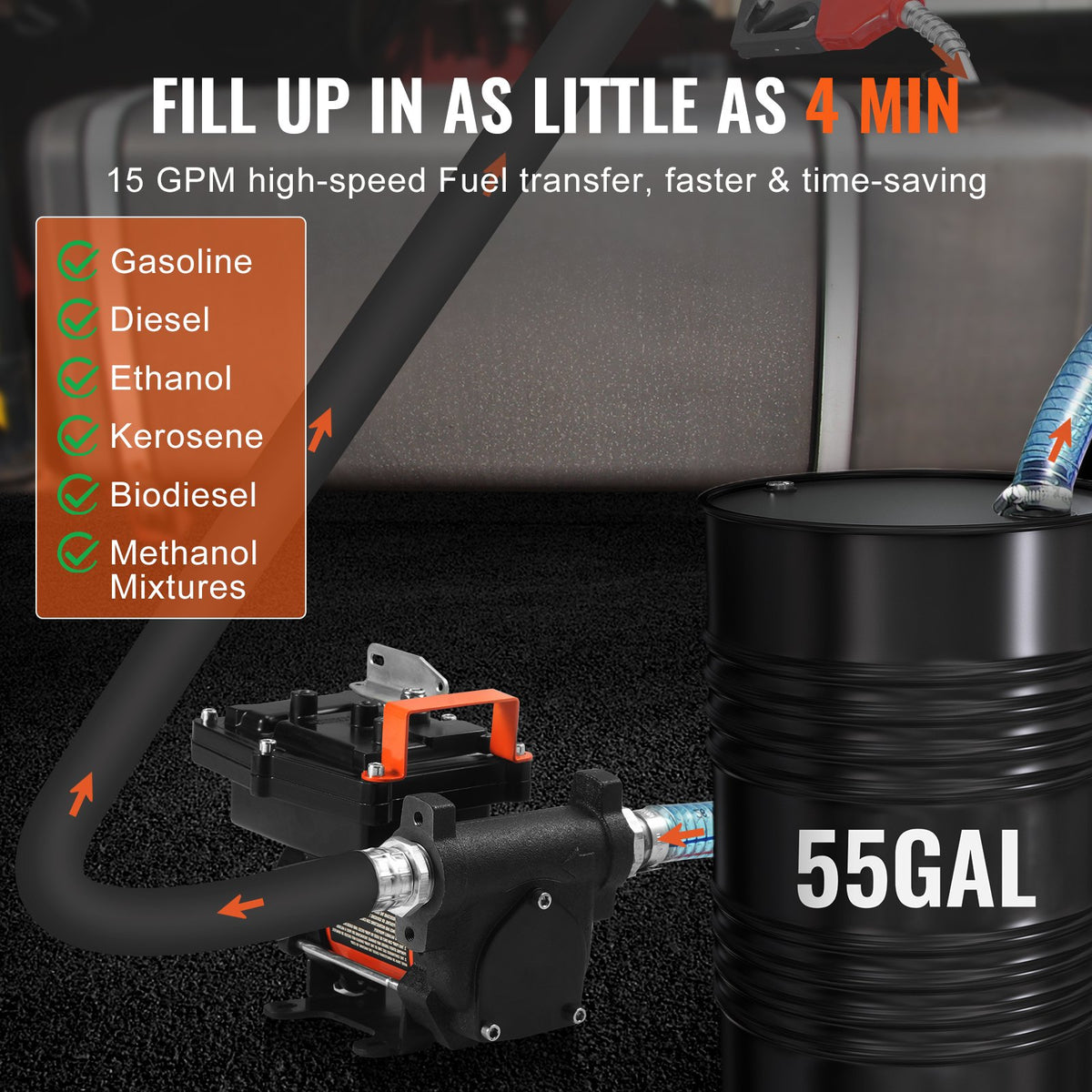 Bränsleöverföringspump, 12V DC 57L/min (15 GPM) 186W (1/4 hk), bärbar elektrisk dieselöverföringspump med automatisk avstängning av bränslemunstycke, lång inlopps- och utloppsslang för bensin, diesel, fotogen, metanolblandningar