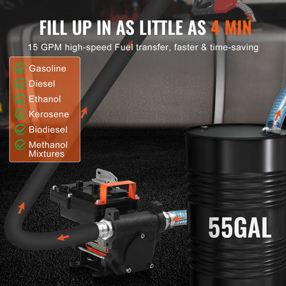 Bränsleöverföringspump, 12V DC 57L/min (15 GPM) 186W (1/4 hk), bärbar elektrisk dieselöverföringspump med automatisk avstängning av bränslemunstycke, lång inlopps- och utloppsslang för bensin, diesel, fotogen, metanolblandningar
