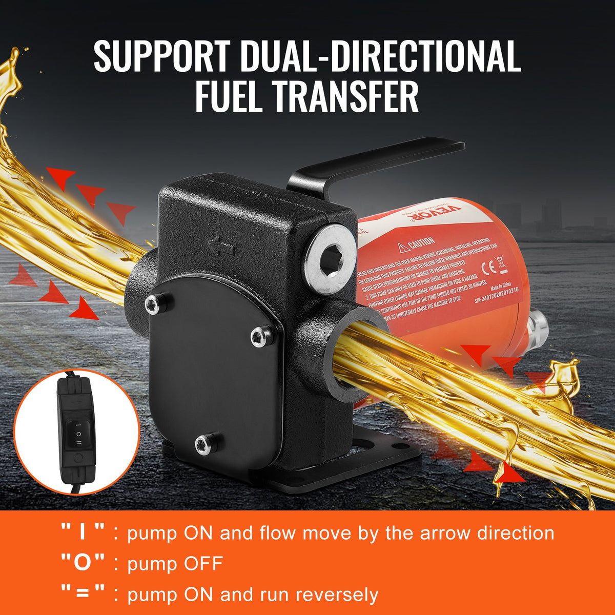 Bränsleöverföringspump, 12V DC 19L/min (5.3 GPM) 75W (1/10 hk), bärbar elektrisk dieselöverföringspump med automatisk avstängning av bränslemunstycke, lång inlopps- och utloppsslang för bensin, diesel, fotogen, metanolblandningar
