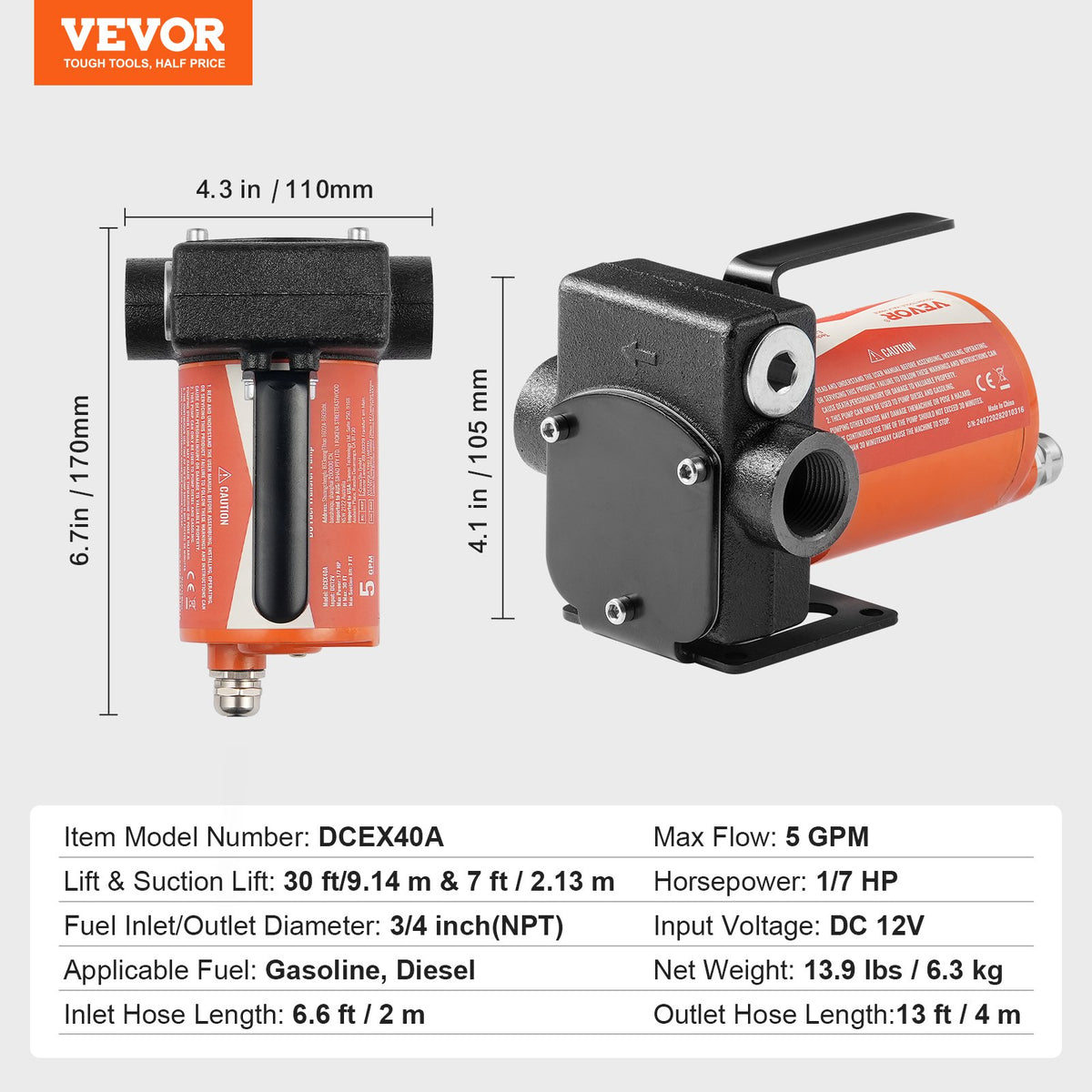 Bränsleöverföringspump, 12V DC 19L/min (5.3 GPM) 75W (1/10 hk), bärbar elektrisk dieselöverföringspump med automatisk avstängning av bränslemunstycke, lång inlopps- och utloppsslang för bensin, diesel, fotogen, metanolblandningar