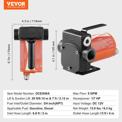 Bränsleöverföringspump, 12V DC 19L/min (5.3 GPM) 75W (1/10 hk), bärbar elektrisk dieselöverföringspump med automatisk avstängning av bränslemunstycke, lång inlopps- och utloppsslang för bensin, diesel, fotogen, metanolblandningar