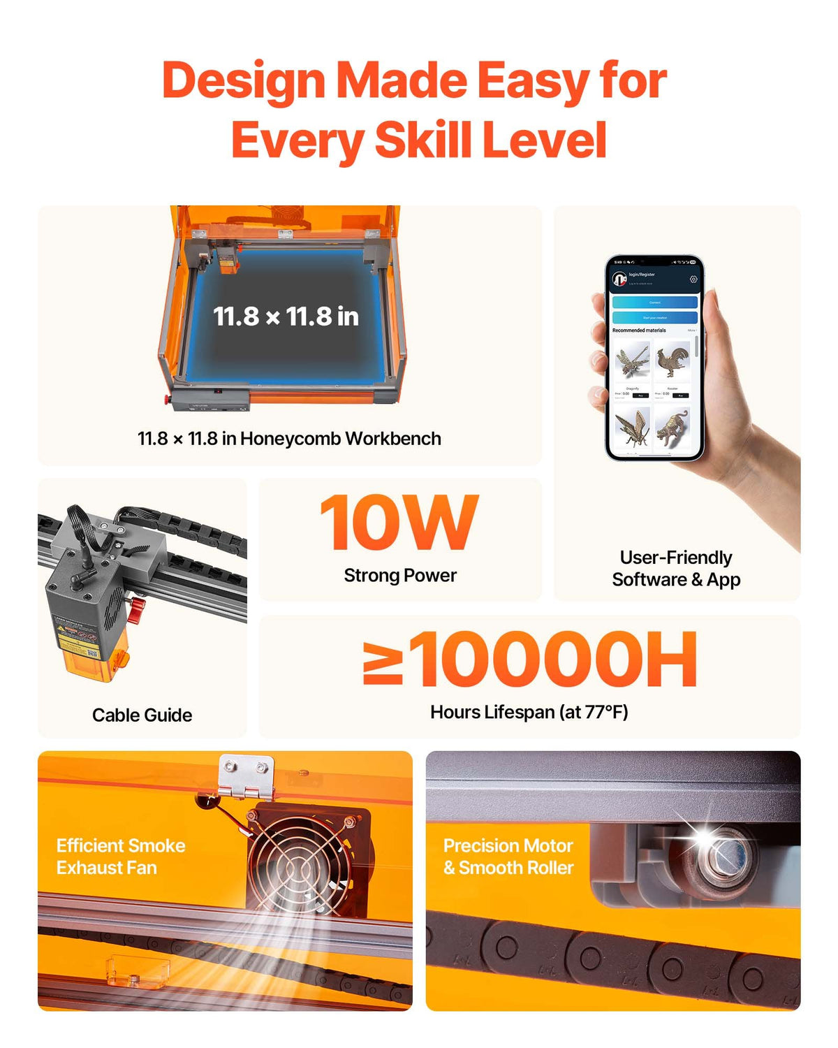 Lasergravör, 10W, lasergraverings- och skärmaskin med hölje, laserskärare och gravör, 300 x 300 mm arbetsyta, 7000 mm/min, för trä, läder, glas, vissa metaller, klass 1