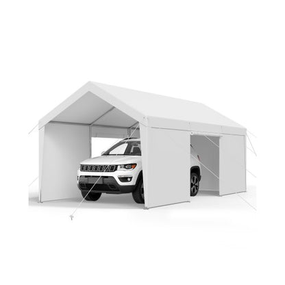 Carport, 12 x 20 fot utomhustak för bil, dricksskyddad carport med avtagbara sidoväggar och dörr, kraftigt bilskydd, UV-beständigt och vattentåligt, skydd året runt för bil och båt, vit