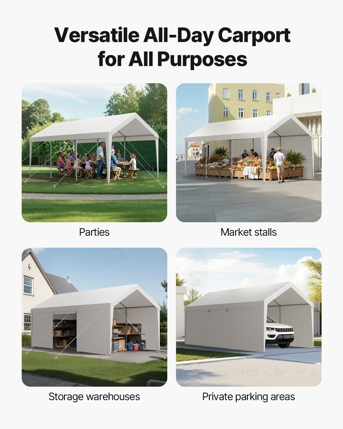 Carport, 12 x 20 fot utomhustak för bil, dricksskyddad carport med avtagbara sidoväggar och dörr, kraftigt bilskydd, UV-beständigt och vattentåligt, skydd året runt för bil och båt, vit