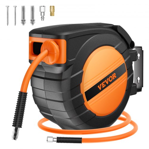 Indragbar luftslangvinda, 3/8IN x 50FT hybridluftslang max 300PSI, automatisk återupprullning av luftkompressorslangvinda med 5FT genomföring, tak-/väggmonterad, kapslad PP-vinda och inbyggd 180° vridbar konsol