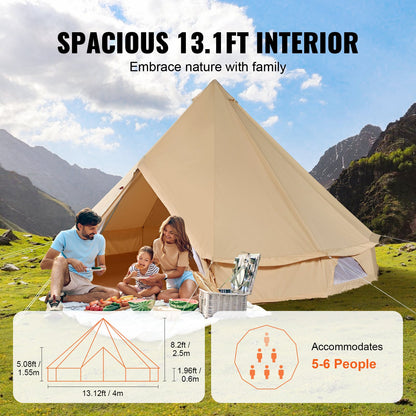 Canvas Bell Tent, 4 Seasons 4 m/13.12 ft Yurt Tent, Canvas Tent for Camping with Stove Jack, Breathable Tent Holds up to 6 People, Family Camping Outdoor Hunting Party