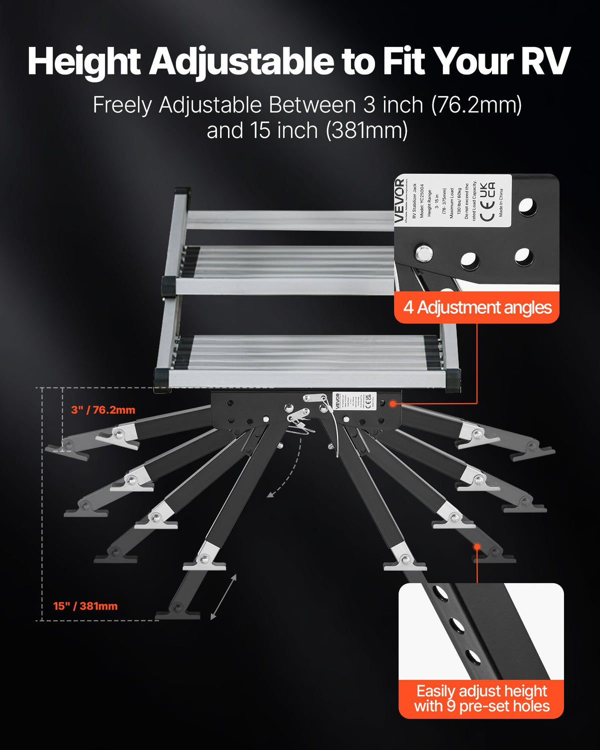 RV Step Stabilizer, Height Adjustable Step Stabilizer Kit, Camper Stair Stabilizers with Powder Coated Steel for 5th Wheels, Travel Trailers and Motorhomes, Adjustable from 76.2mm to 381mm