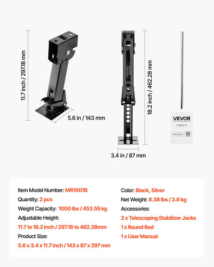 Telescoping Stabilizer Jack, 2PCS Telescoping Folding Trailer Jack, Trailer Swing Down Stabilizer Jack for RV Trailer, Supports 453.59kg Capacity Each, Adjustable from 297.18mm to 462.28mm