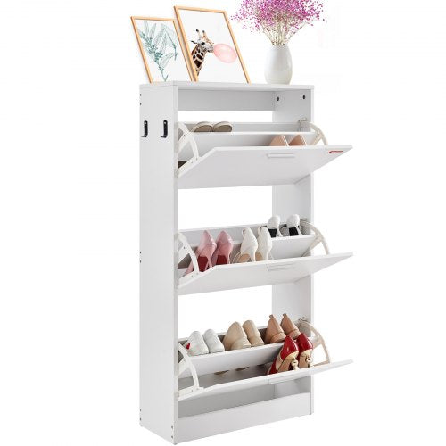 Shoe Cabinet with 3 Flip Drawers, Shoe Storage Cabinet for Entryway, Free Standing Shoe Storage Organizer with Side Hooks for Heels, Boots, Slippers in Hallway, Living Room