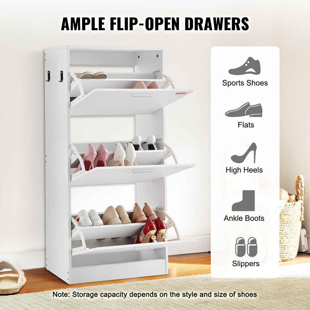 Shoe Cabinet with 3 Flip Drawers, Shoe Storage Cabinet for Entryway, Free Standing Shoe Storage Organizer with Side Hooks for Heels, Boots, Slippers in Hallway, Living Room