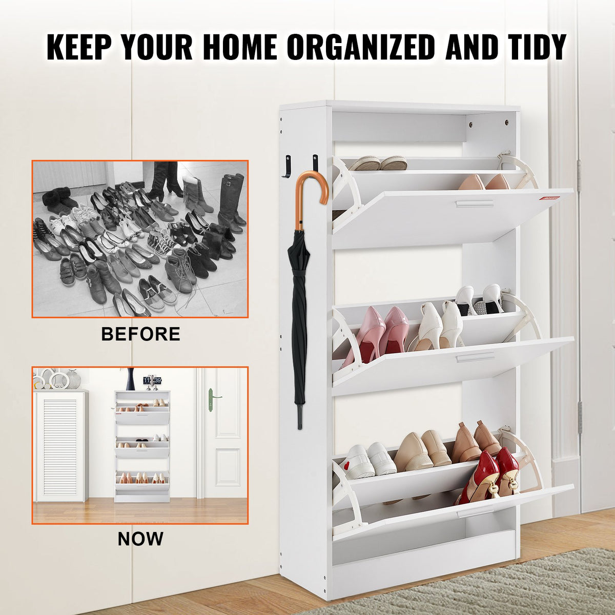 Shoe Cabinet with 3 Flip Drawers, Shoe Storage Cabinet for Entryway, Free Standing Shoe Storage Organizer with Side Hooks for Heels, Boots, Slippers in Hallway, Living Room