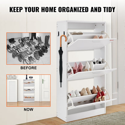 Shoe Cabinet with 3 Flip Drawers, Shoe Storage Cabinet for Entryway, Free Standing Shoe Storage Organizer with Side Hooks for Heels, Boots, Slippers in Hallway, Living Room
