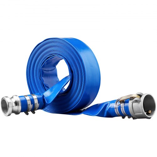 Backspolningsslang, 2 tum x 50 fot, kraftig PVC-platt utloppsslang för pool med aluminium Camlock C- och E-kopplingar, klämmor, kompatibel med pumpar, sandfilter, för simbassängers avloppsvattenavlopp, blå