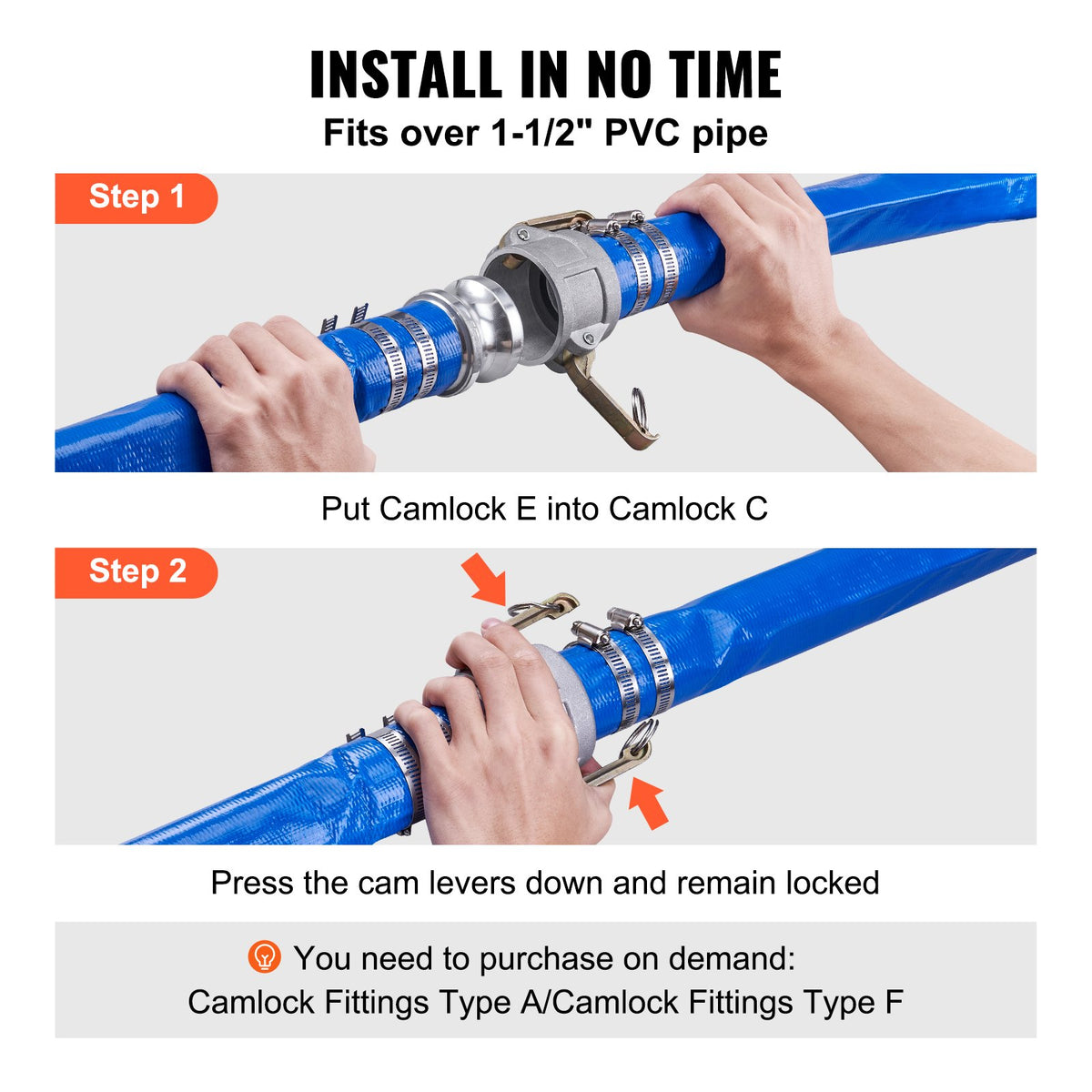 Backspolningsslang, 2 tum x 50 fot, kraftig PVC-platt utloppsslang för pool med aluminium Camlock C- och E-kopplingar, klämmor, kompatibel med pumpar, sandfilter, för simbassängers avloppsvattenavlopp, blå