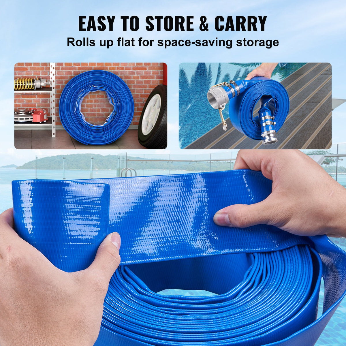 Backspolningsslang, 2 tum x 50 fot, kraftig PVC-platt utloppsslang för pool med aluminium Camlock C- och E-kopplingar, klämmor, kompatibel med pumpar, sandfilter, för simbassängers avloppsvattenavlopp, blå