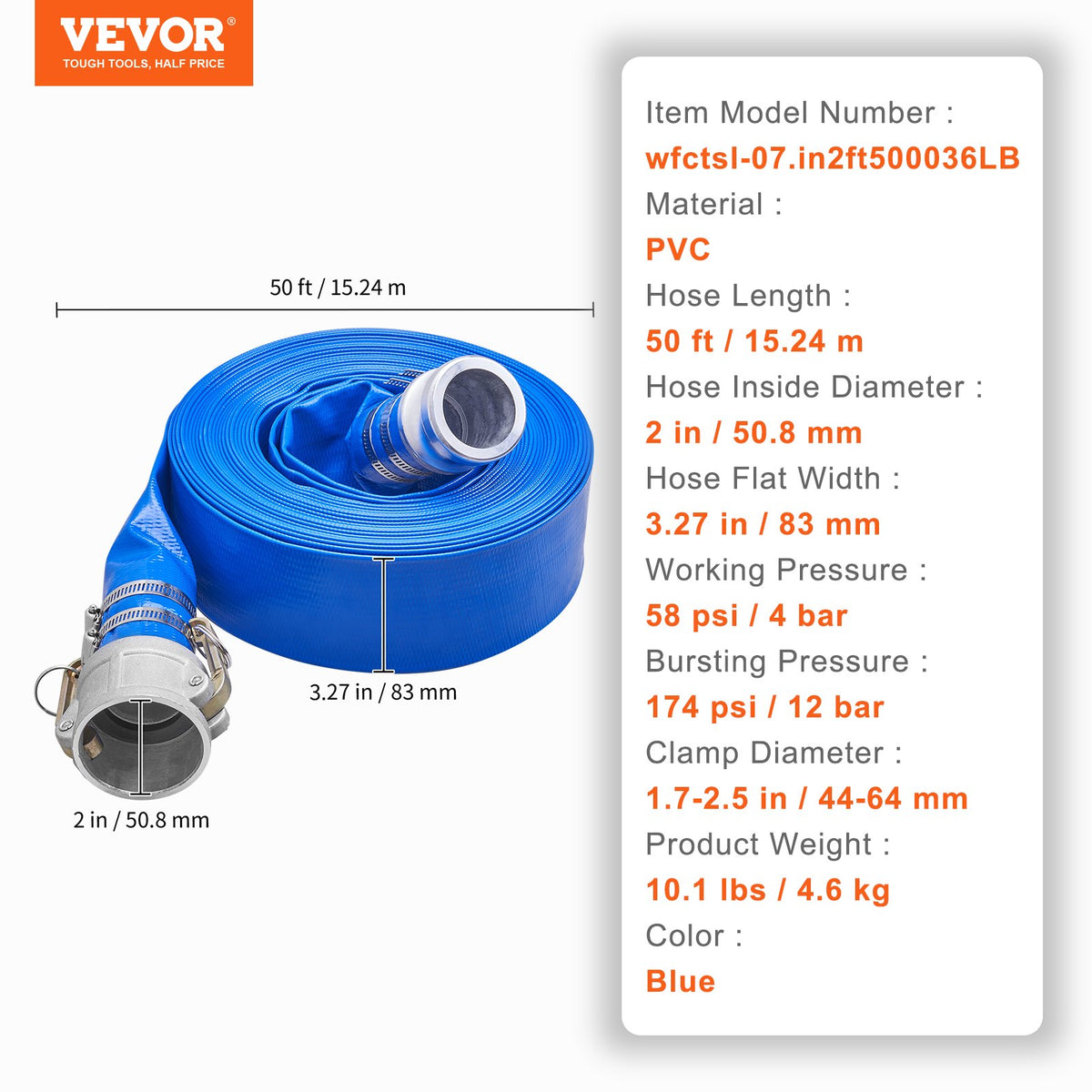 Backspolningsslang, 2 tum x 50 fot, kraftig PVC-platt utloppsslang för pool med aluminium Camlock C- och E-kopplingar, klämmor, kompatibel med pumpar, sandfilter, för simbassängers avloppsvattenavlopp, blå