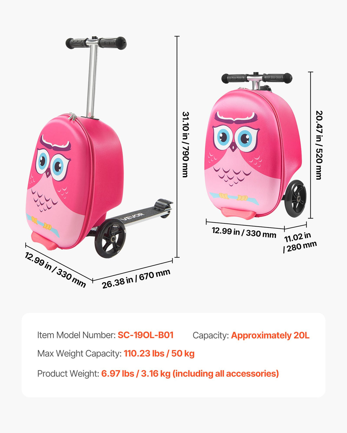 Åkväska, 20 liters kapacitet, 20 tums barnskoterväska med Flash PU-hjul, justerbart handtag och halkfritt TPR-grepp, hopfällbar och lätt skoterväska för barn från 5 år, rosa
