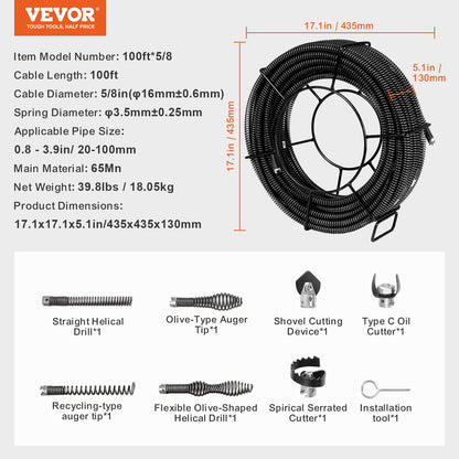 Sektionskabel för avloppsrensning 100FT/30,5 mx 5/8In/1,6 cm &amp; 7 avbitartänger för rör 0,8"-3,9"/2-10 cm