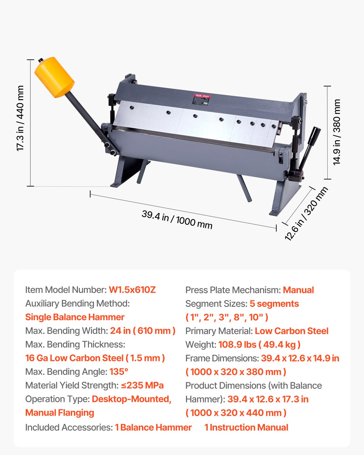 Låd- och panbroms, 610 mm/24 tum plåtbockningsbroms, 16-gauge kolstålskapacitet, 0-135 graders justerbar, metallbockningsmaskin med 5 fingrar, kraftig aluminiumvikmaskin för exakt bockning