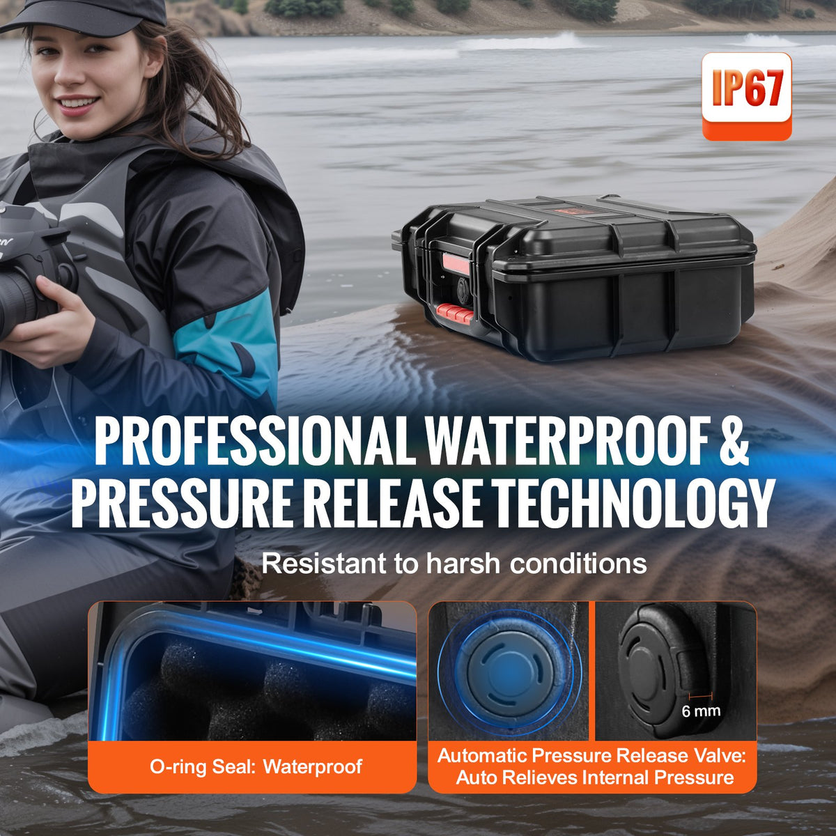 Weatherproof Hard Case, Heavy Duty Protective Dry Box Case with Pre-cut Foam, and Retractable Pull Handles for Travel, Hunting, Military, Tactical, IP67 Waterproof Case for Cameras (40x32x16.6)