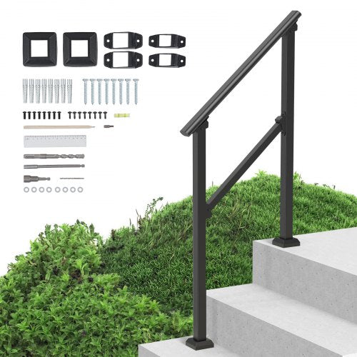 Ledstänger för utomhustrappor, Ledstänger för 2-3 steg, Övergångsräcken i kolstål med installationssats, Trappräcken för seniorer, Betongtrappor, veranda och altan, Svart fyrkantigt rör