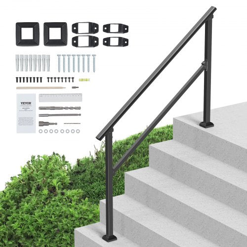 Ledstänger för utomhustrappor, Ledstänger för 4-5 steg, Övergångsräcken i kolstål med installationssats, Trappräcken för seniorer, Betongtrappor, veranda och altan, Svart fyrkantigt rör