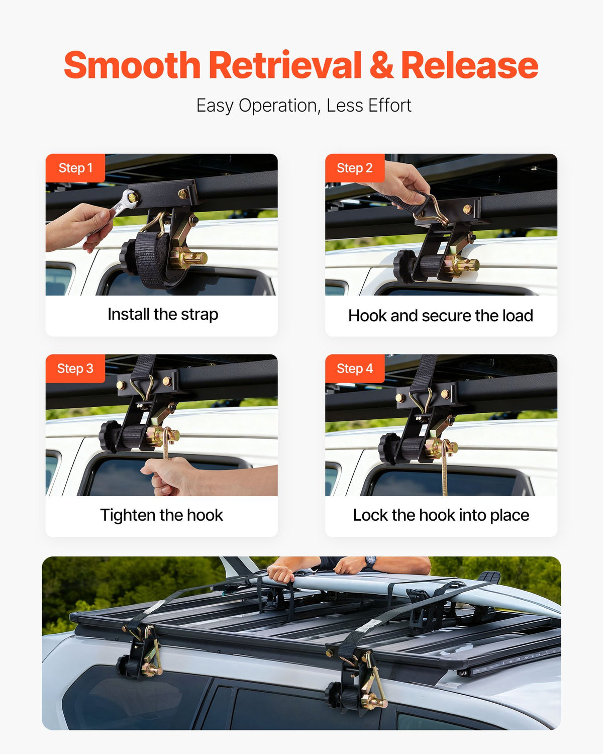 Ladder Rack Ratchet Straps, Black Square Tube Mount, 38 mm Wide x 2.25 m Long Black Ladder Rack Straps with Double J-Hooks, 226.8 kg Load Heavy Duty, Cargo Buckle Lock Strap (8 Pack)