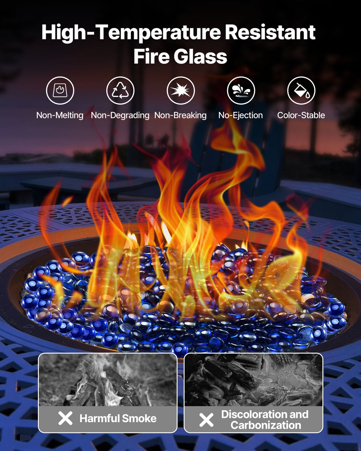 Fire Glass, 10LBS/4.5KG High-Temperature Resistant Fireplace Rocks, 3/4-Inch / 19.05 mm Reflective & Smokeless Firepit Glass Beads, High Luster Stone Landscaping for Fire Pit Table, Cobalt Blue