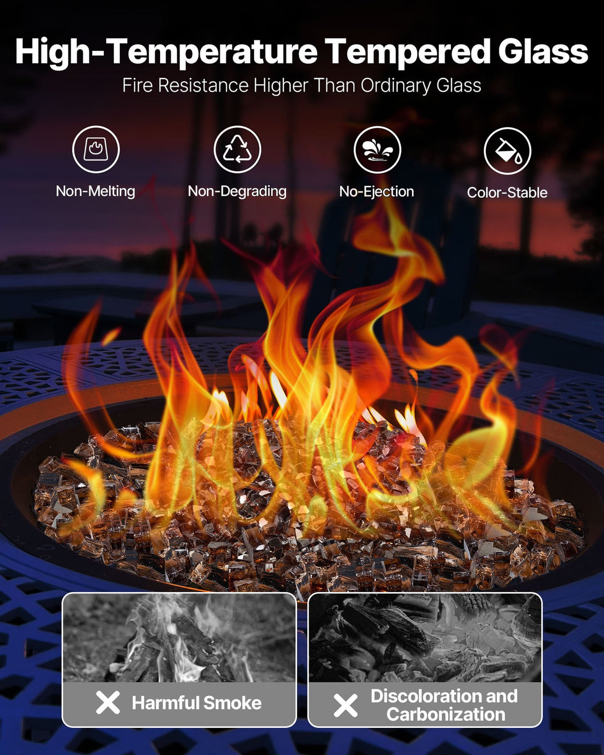Fire Glass, 20 LBS / 9.0 KG High-Temperature Resistant Fireplace Rocks, 1/2-Inch / 12.7 mm Reflective & Smokeless Firepit Glass Rock, High Luster Stone Landscaping for Fire Pit Table, Copper