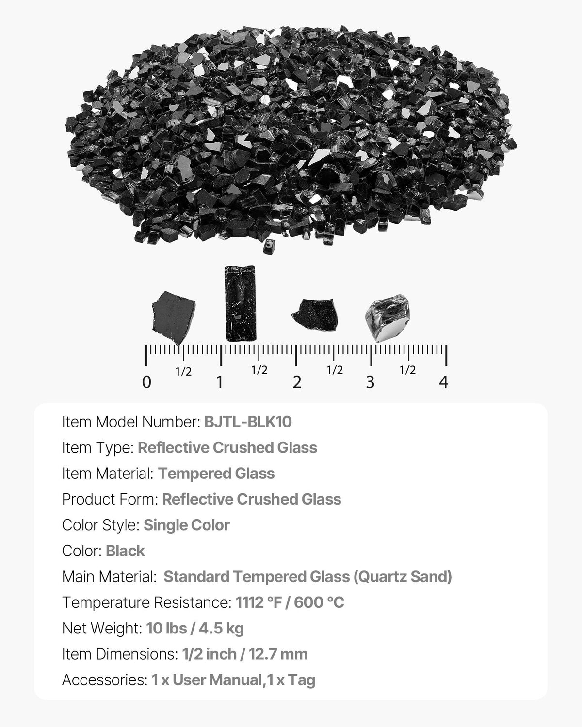 Fire Glass, 10 LBS / 4.5 KG High-Temperature Resistant Fireplace Rocks, 1/2-Inch / 12.7 mm Reflective & Smokeless Firepit Glass Rock, High Luster Stone Landscaping for Fire Pit Table, Black