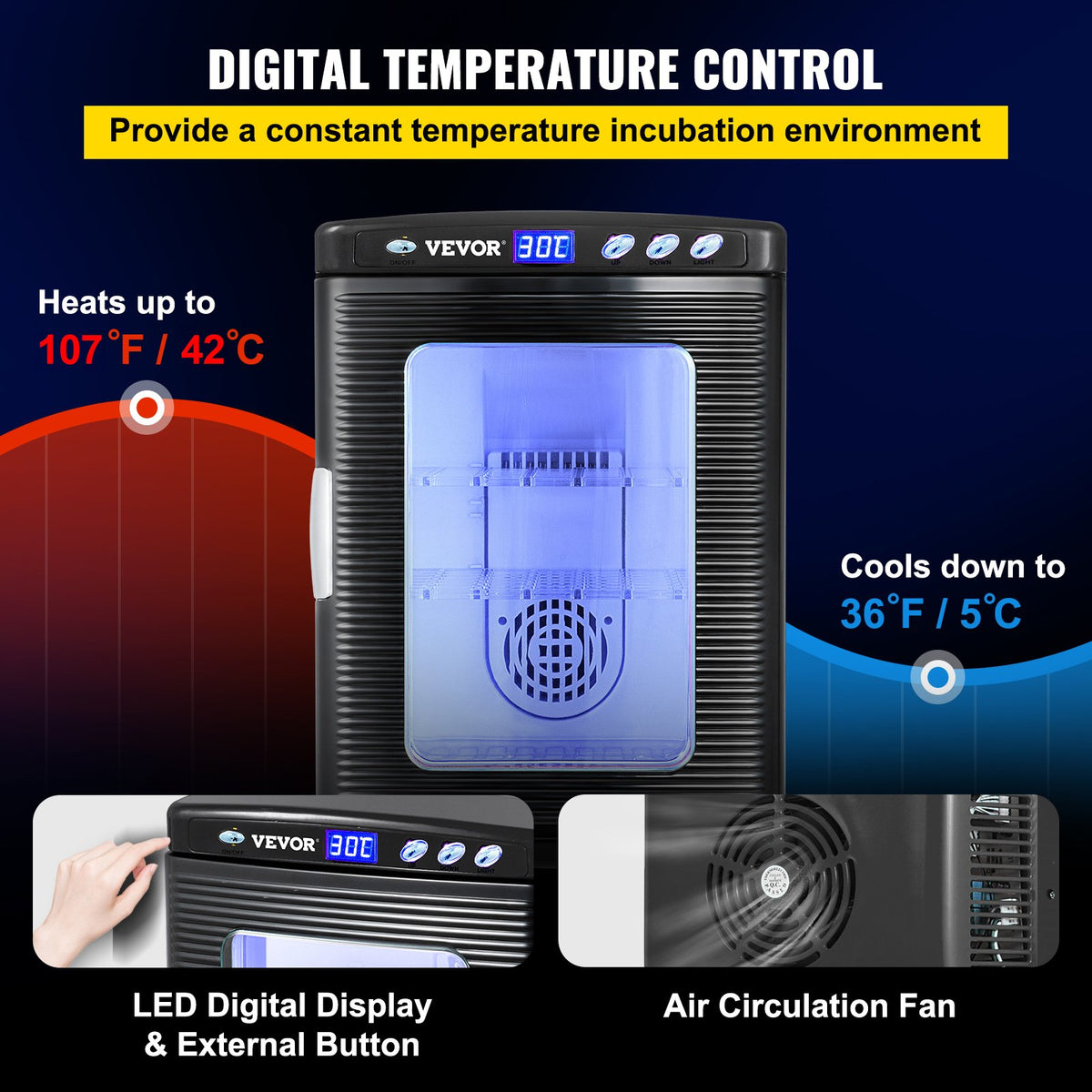Svart reptilinkubator 25L vetenskaplig labinkubator digital inkubator kylning och uppvärmning 5-42°C reptilägginkubator 12V/110V fungerar för små reptiler