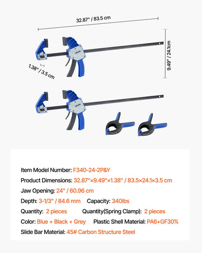 Stångklämmor för träbearbetning, 2-pack 60,96 cm enhandsklämma/spridare, snabbgreppande F-klämma med 154 kg belastningsgräns, premiumplast och kolstål, för träbearbetning metallbearbetning, blå + svart