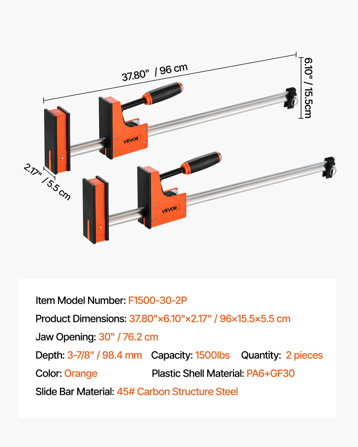 Stångklämmor för träbearbetning, 2-pack 76,2 cm parallellklämmset, F-klämma med 680 kg lastgräns, jämnt tryck, höghållfast plast och kolstål, för träbearbetning och metallbearbetning, orange