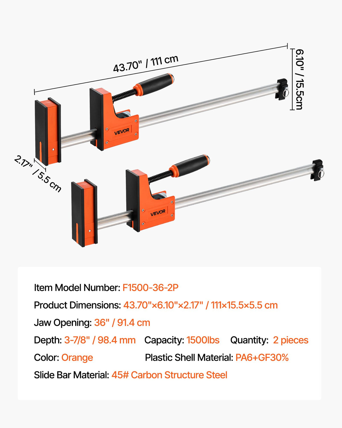 Stångklämmor för träbearbetning, 2-pack 91,4 cm parallellklämmset, F-klämma med 680 kg lastgräns, jämnt tryck, höghållfast plast och kolstål, för träbearbetning och metallbearbetning, orange
