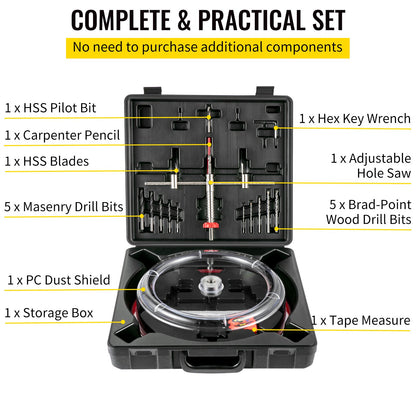 Adjustable Hole Saw Cutter Kit, 1-5/8" to 11-13 /16" (40-300 mm), Recessed Hole Saw with PC Dust Shield, Two Replaceable Pilot Drill Bits, for Recessed Lights, Ceiling Speakers, Vent Holes