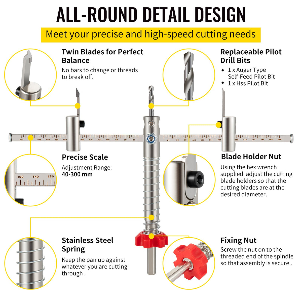 Adjustable Hole Saw Cutter Kit, 1-5/8" to 11-13 /16" (40-300 mm), Recessed Hole Saw with PC Dust Shield, Two Replaceable Pilot Drill Bits, for Recessed Lights, Ceiling Speakers, Vent Holes