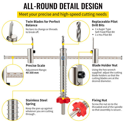 Adjustable Hole Saw Cutter Kit, 1-5/8" to 11-13 /16" (40-300 mm), Recessed Hole Saw with PC Dust Shield, Two Replaceable Pilot Drill Bits, for Recessed Lights, Ceiling Speakers, Vent Holes