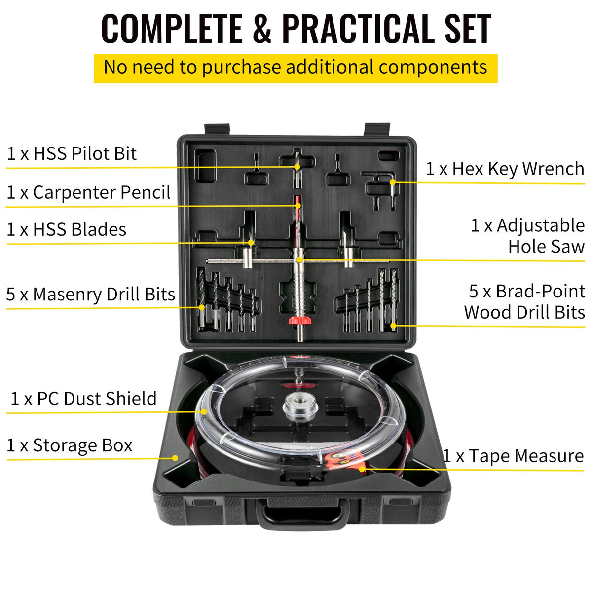 Adjustable Hole Saw Cutter Kit, 1-5/8" to 8" (40-200 mm), Twin Blade Recessed Hole Saw with PC Dust Shield, Two Replaceable Pilot Drill Bits, for Recessed Lights, Ceiling Speakers, Vent Holes
