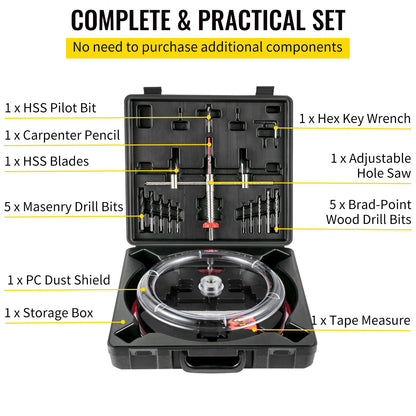 Adjustable Hole Saw Cutter Kit, 1-5/8" to 8" (40-200 mm), Twin Blade Recessed Hole Saw with PC Dust Shield, Two Replaceable Pilot Drill Bits, for Recessed Lights, Ceiling Speakers, Vent Holes