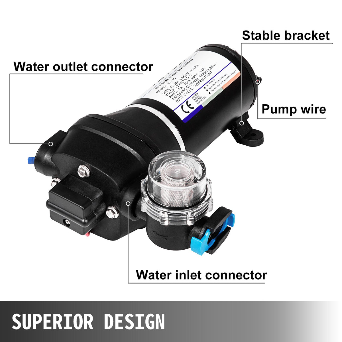 Vattentrycksmembranpump, 12V FL-40 högtrycksmembranvattenpump, 2,7 bar (40PSI) automatisk självsugande vattenpump, 17L/MIN dimsprutningsmembranpump för husvagn, båt, husbil, trädgård