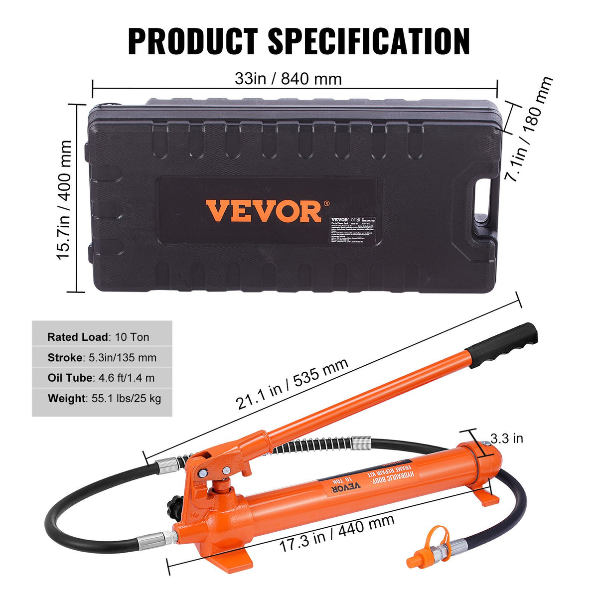 10 tons portabelt kraftpaket, hydraulcylinder med pump, domkraft med 1,4 m oljeslang, reparationsverktyg för böjd ram med förvaringsväska för bilar, garage, tung utrustning, mekaniker (22046 pund)